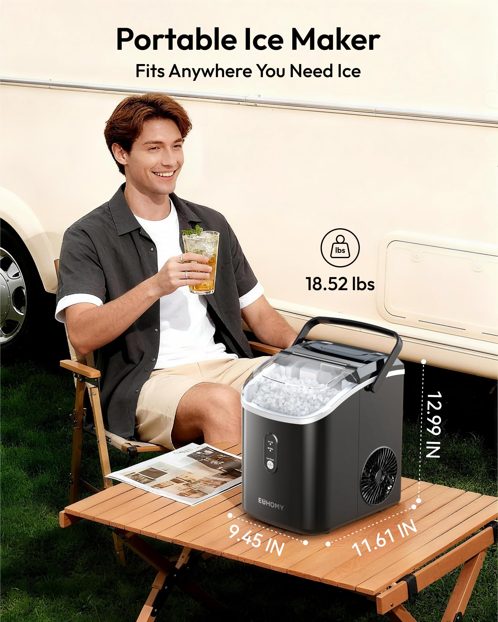 EUHOMY Nugget Ice Maker Countertop with Handle, Ready in 6 Mins, 34lbs Per Day, Removable Top Cover, Auto-Cleaning, Portable Sonic Ice Maker with Basket and Scoop, for Home/Party/RV/Camping (Black)