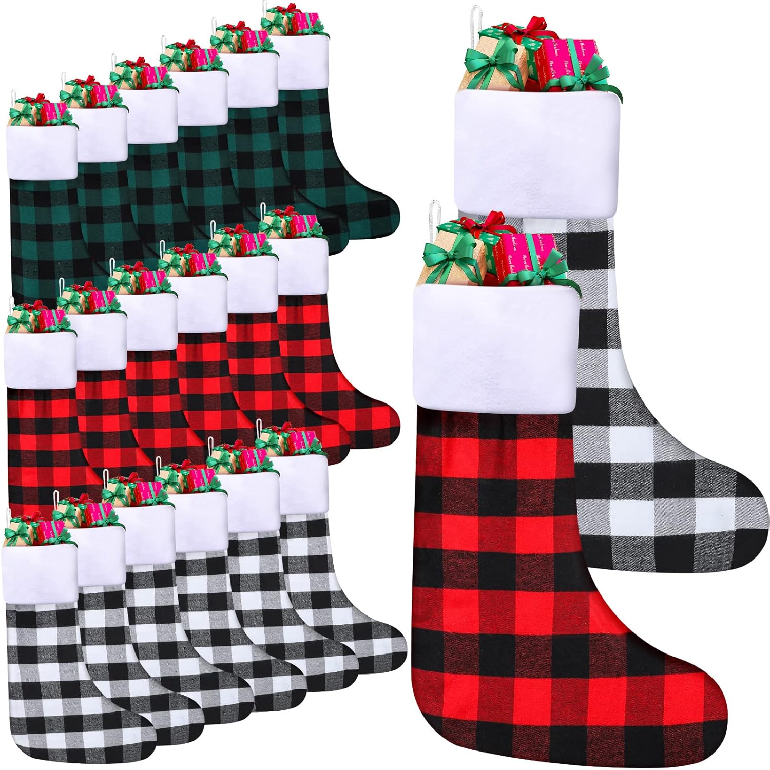 Stockings & Holders - 24 Pack Christmas Stockings 20 Inch Buffalo Plaid Stockings Family Christmas Stockings Large Xmas Hanging Stockings White Red Black Christmas Decorations for Holiday Xmas Party Decor (Bright Color)