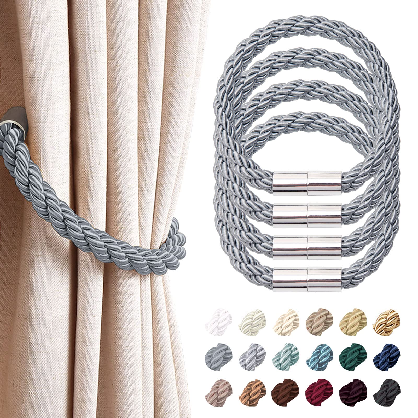 Pretty Jolly 4 Pack Strong Magnetic Curtain Tiebacks Modern Simple Style Drape Tie Backs Convenient Decorative Weave Rope Curtain Holdback for Thin or Thick Home & Office Window Drapery (Dark Grey)