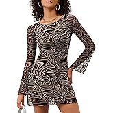 LOMON Womens Dresses Sexy Mesh Bell Sleeve Boat Neck Date Night Y2k Going Out Bodycon Mini Short Dress XS-XL