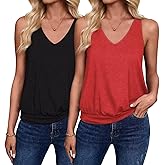 FUNBANG 2 Pack Womens Tank Tops Banded Bottom 2026 Spring Summer Fashion Beach Vacation Clothes Casual V Neck Sleeveless Y2K Outfit Basic Cami Solid Color Loose Fit Cute Shirts,Black+Red,Small Size