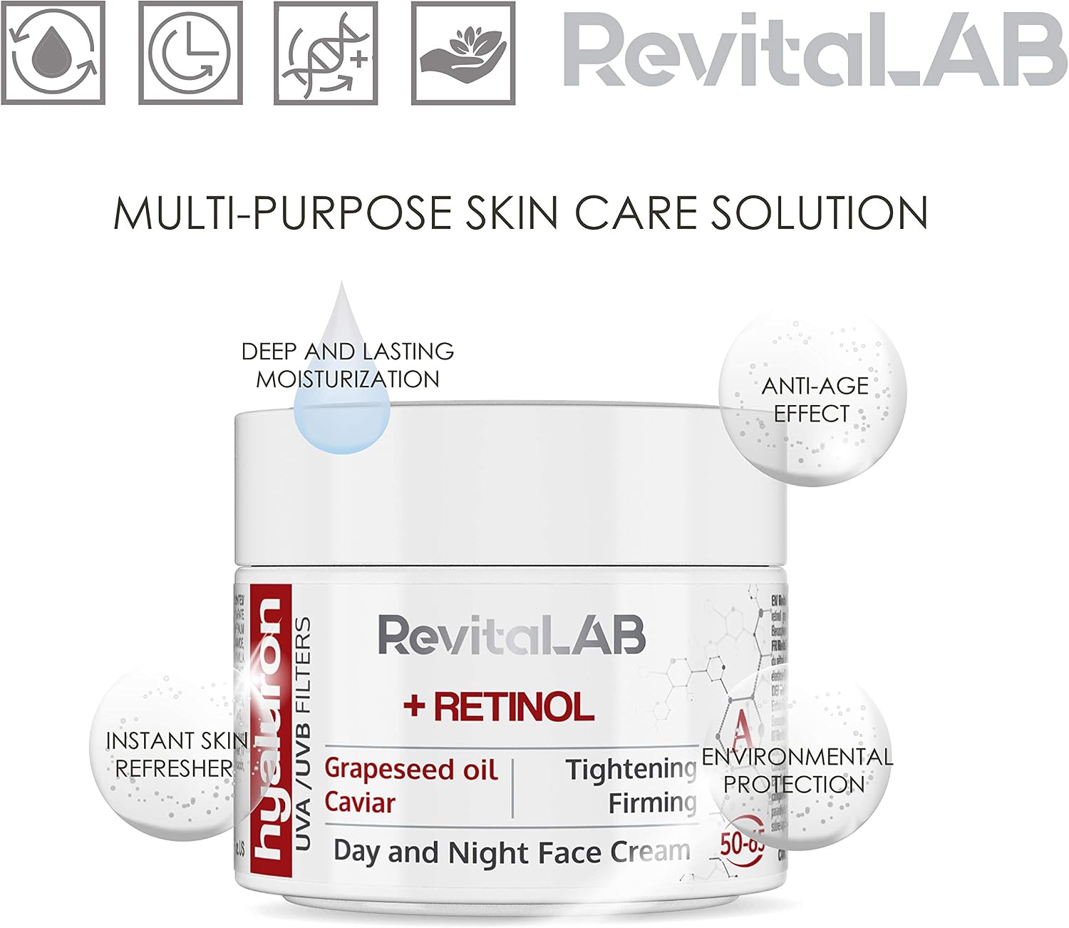 RevitaLAB Hyaluron Anti-Ageing Day and Night Cream, Enriched with Retinol, Caviar and Red Grape, for Ages 50 - 65, 50 ml - Image 4