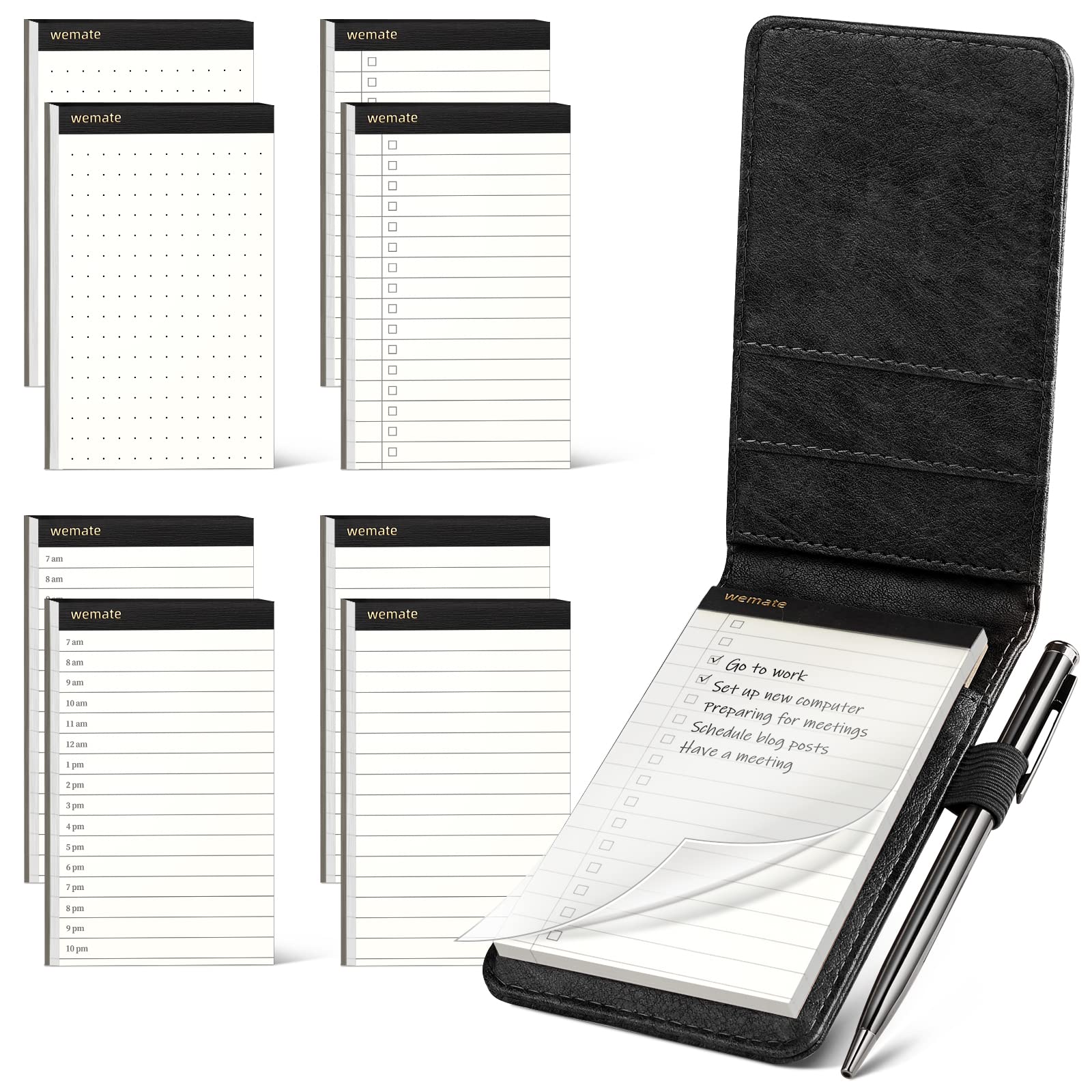 Photo 1 of WEMATE 10 Pieces Small Notepad Holder Set Pocket Notebook - Included Mini Pocket Notepad Holder Set with 8 Memo Book Refills and Metal Pen for Meetings, Daily Records, and Notes 3 x 5 Inch (Black)
