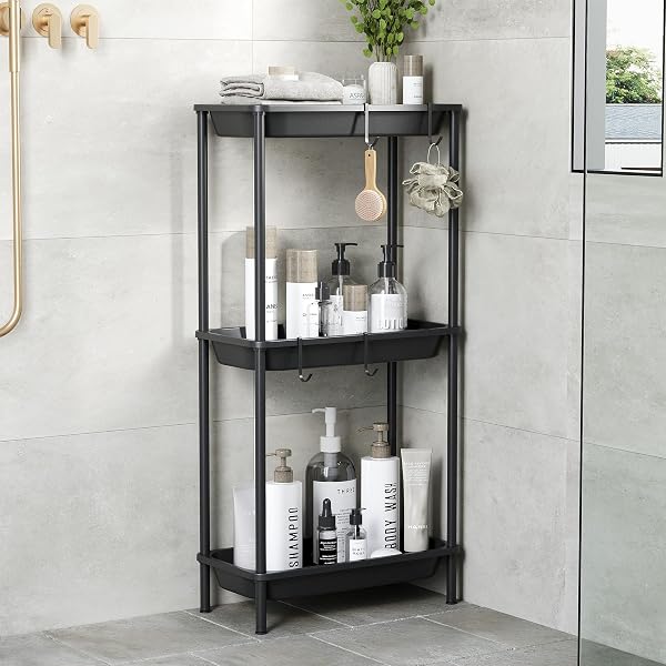 ORIMADE RUSTPROOF 3 TIER FLOOR STANDING SHOWER CADDY ORGANIZER, PLASTIC METAL SPLICING FLOOR SHELF RACK STANDS FOR BATHROOM KITCHEN,15.35 X 29.33 X 7.87’’, BLACK