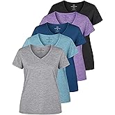 Real Essentials 5 Pack: Women's Dry Fit Short Sleeve V Neck Workout Top - Fitness Gym Athletic Yoga T-Shirt (Plus Available)