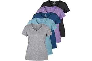Real Essentials 5 Pack: Women's Dry Fit Short Sleeve V Neck Workout Top - Fitness Gym Athletic Yoga T-Shirt (Plus Available)