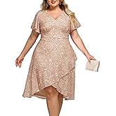 Ever-Pretty Plus Women's Formal Eveing Dress V Neck A-line High Low Sequin Plus Size Christmas Cocktail Party Dresses