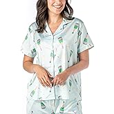 Hello Mello Pajama Top Satin Pajamas Short Sleeve Button-Down Silky Shirt for Women, Girl