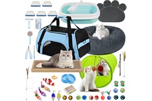 BERXOL 47PCS Kitten Essentials Starter Kit, Ideal for Cats Under 6 Months, Featuring 21-Piece Toy Set, Bed, Carrier, Litter Box, Bowls & More, Perfect for New Cat Owners - Blue