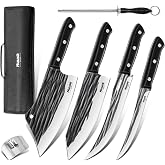 Huusk Forged Butcher Knife Set - 4 PCS Full Tang Kitchen Knife Set with Bag | Sharpener, Finger Guard, Roll Bag, Hammered Nonstick, Full Tang Wood Handle, Sharp High-Carbon Steel Blade, Kitchen Gift