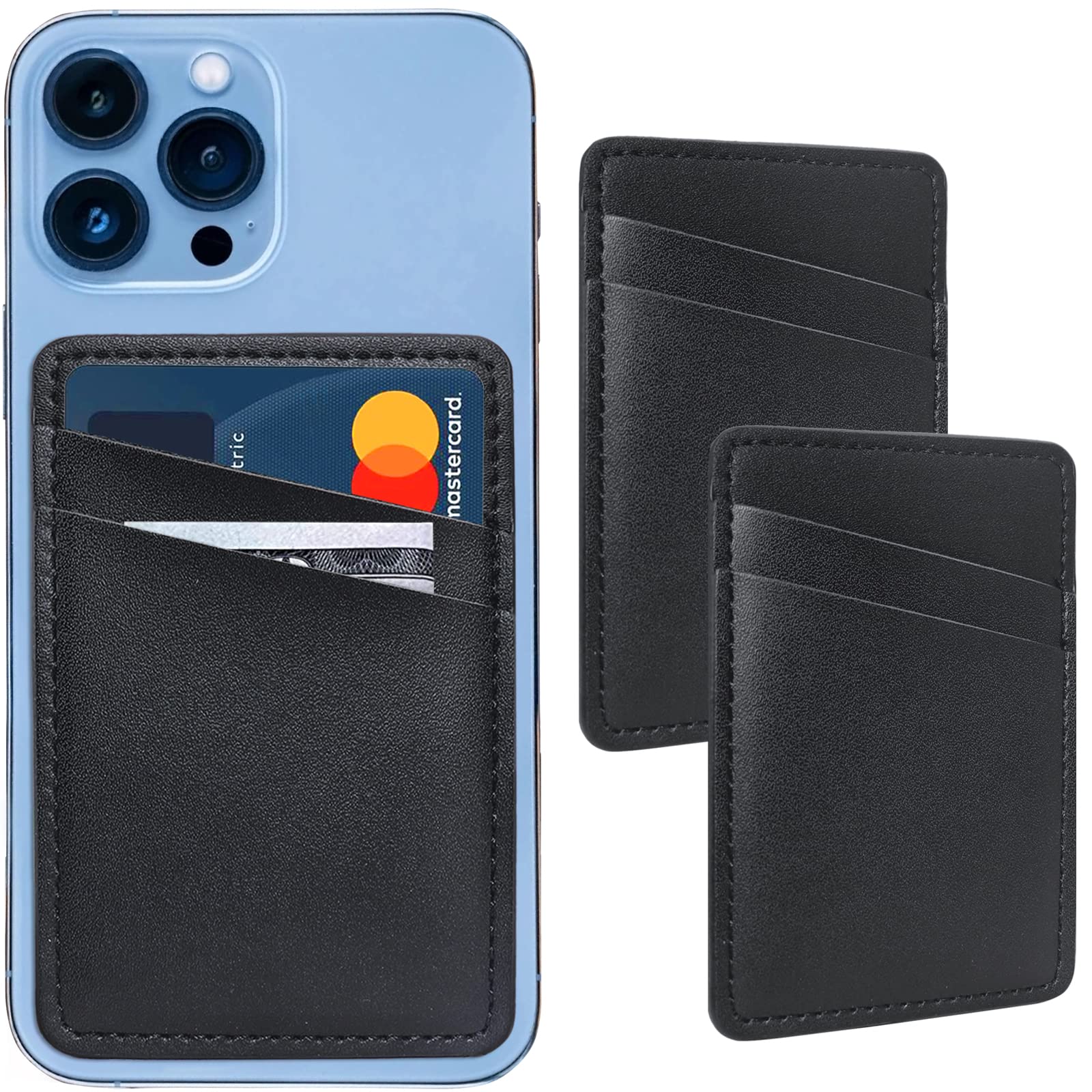 Leather Phone Wallet, Stick On Credit Card Holder for Phone Case - Compatible with iPhone, Samsung, Android & All Cell Phones - 2Pack Black