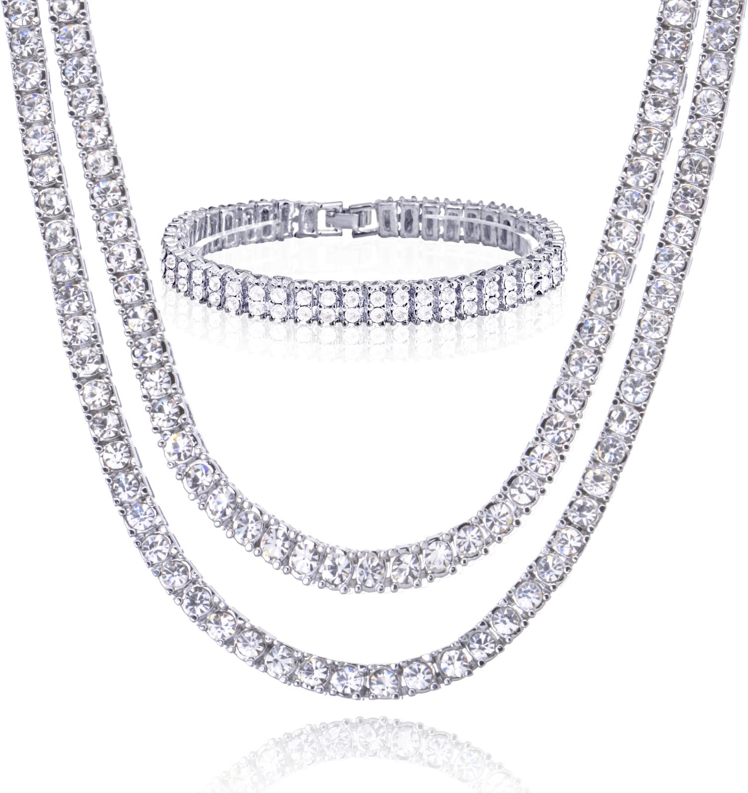 metaltree9820" + 22" Double Tennis Chain & 8" X 2 Row Bracelet Men's Silver Toned Iced Out CZ S SET