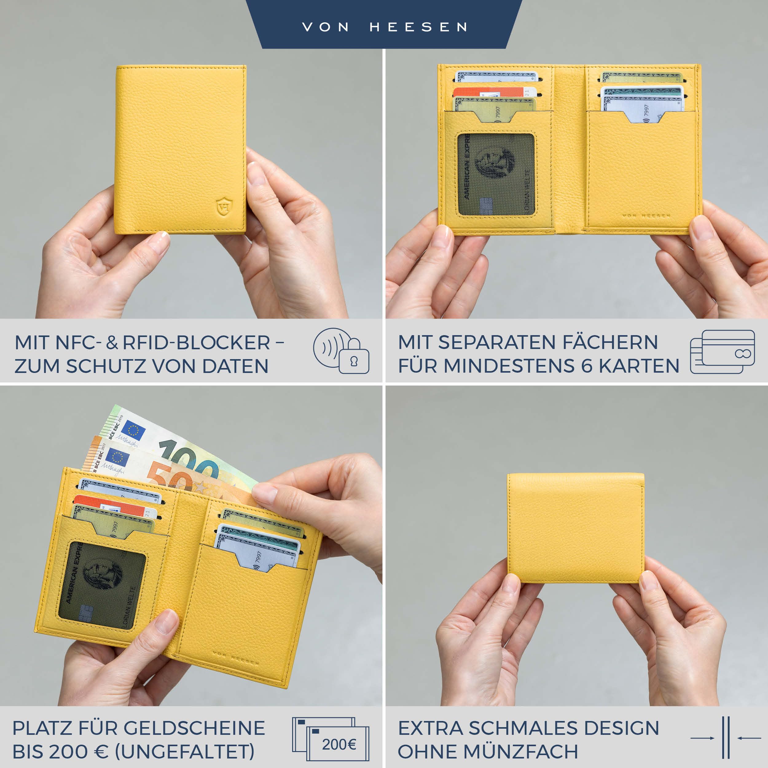 VON HEESEN Leder Geldbörse Herren mit Münzfach & RFID Schutz I Echtleder Geldbeutel für Männer & Damen I Portemonnaie Brieftasche Wallet Portmonee (Gelb, OHNE MÜNZFACH) 2