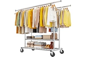 Bepatio Adjustable Double Rod Garment Rack,Rolling Heavy Duty Closet Coat Racks for Bedroom,Laundry,Closet,Retail Store Organ