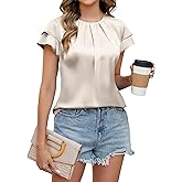 Blooming Jelly Women's Dressy Business Casual Pleated Ruffle Short Sleeve Satin Silk Work Blouse