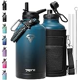 Topre 64 oz Insulated Water Bottle,Half Gallon Water Flask Stainless Steel Vacuum, Cold for 48 Hrs,BPA-Free & Leakproof -with Paracord Handle, Strap,Straw Spout Lids,Large Jug for Gym,Indigo Black