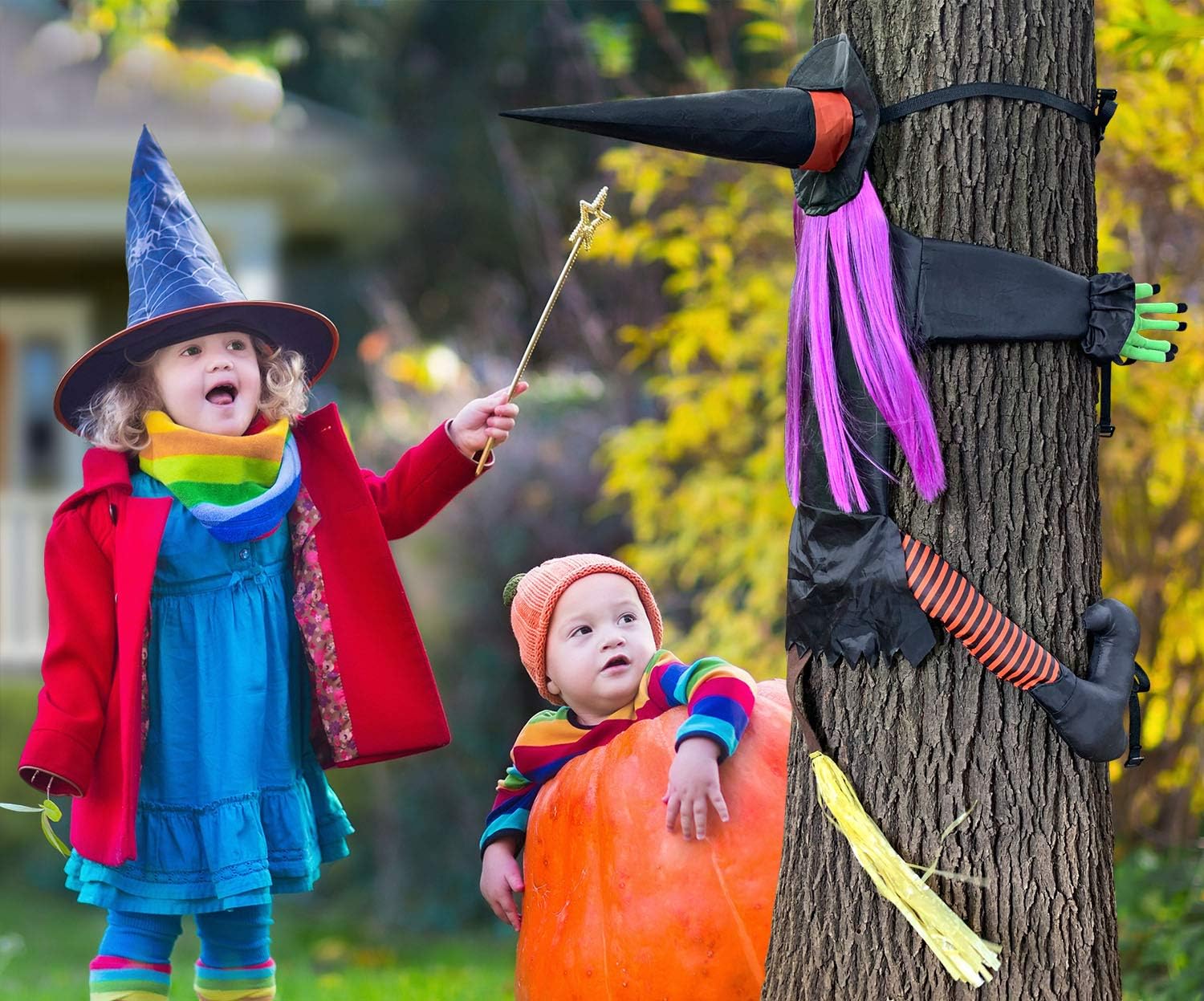 (53.5 Inch Tall) Life Size Witch Crashing Into Tree Door Column Outdoor Halloween Decoration, Funny Halloween Witch Ornaments Decor, Lightweight Reusable Halloween Hanging Decorations : Garden & Outdoor