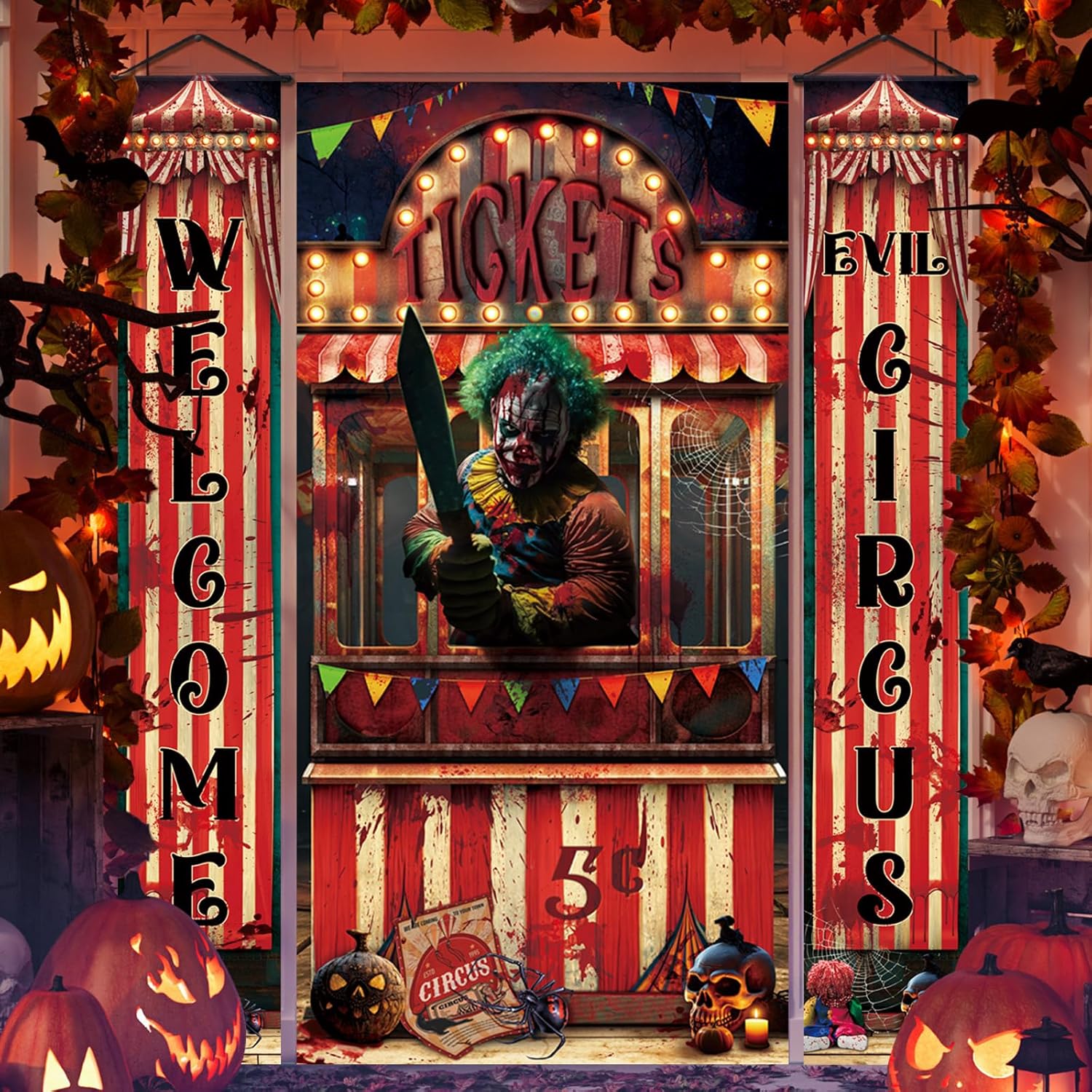 Yard Signs - WovWeave 3 Pcs Halloween Creepy Carnival Decorations Include 2 Evil Circus Porch Banner and Scary Ticket Booth Circus Theme Door Cover for Halloween Backdrop Hanging Theme Party Outdoor Decorations