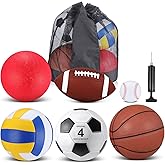 Realspring 6 Pcs Multi Sport Ball Set for Kid Teen Official Size Football, Basketball, Soccer, Volleyball, Playground Ball, Baseball with Sports Equipment Bag Pump Back to School Gift