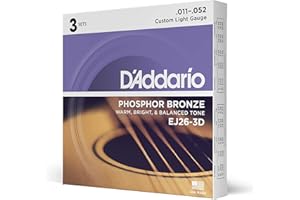 D'Addario Guitar Strings - Phosphor Bronze Acoustic Guitar Strings - EJ26-3D - Rich, Full Tonal Spectrum - For 6 String Guitars - 11-52 Custom Light, 3-Pack