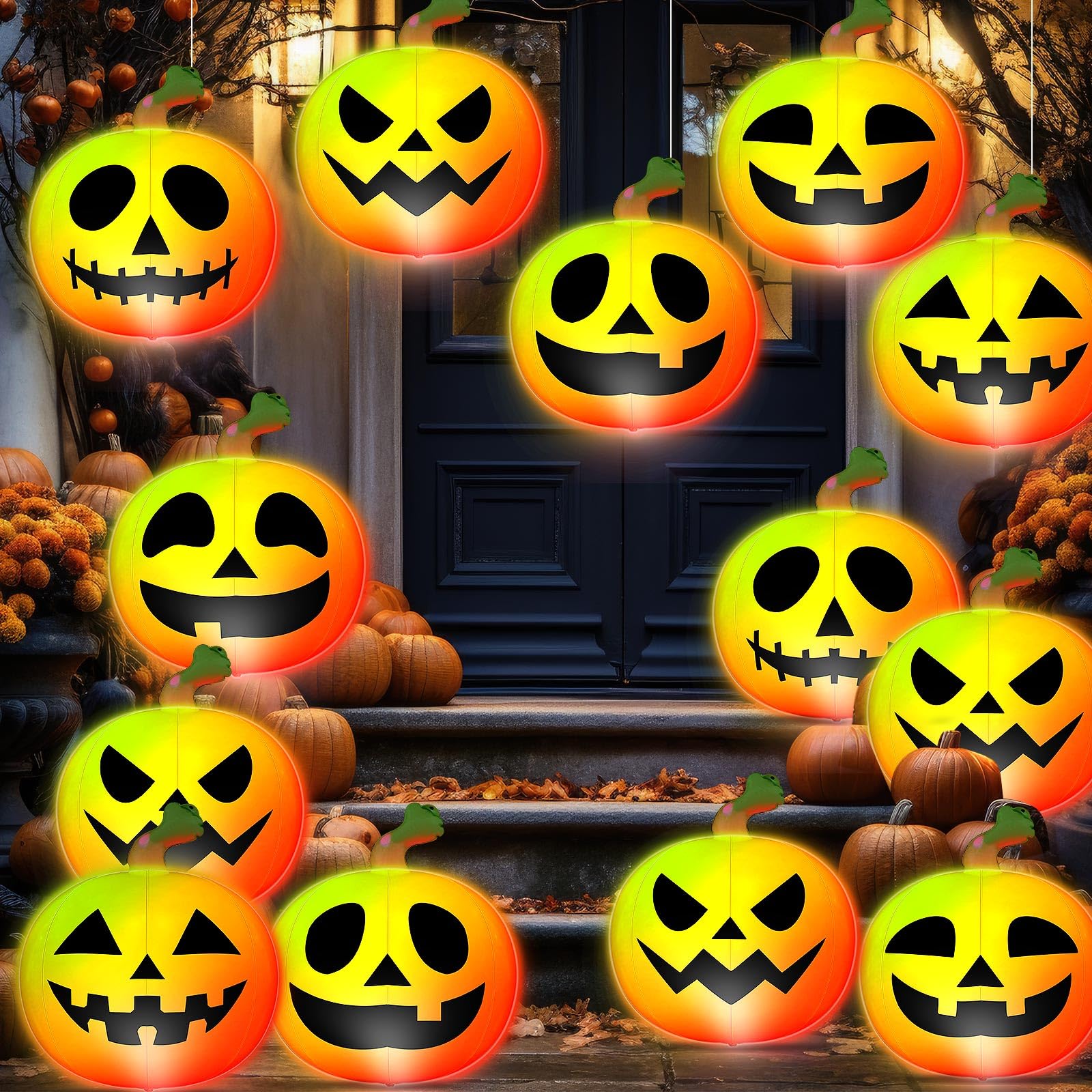 Photo 1 of Jetec 24 Pcs 9 Inch Halloween LED Pumpkin Ball Inflatable Hanging Decoration Blow-Up Pumpkin Beach Ball Jack-o-Lantern Halloween Decoration for Indoor Outdoor Holiday Party Decor (Orange)