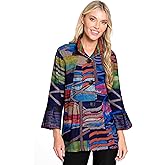 Ali Miles womens Printed Brushed Knit Button Front Jacket Bell Sleeve Cuffs