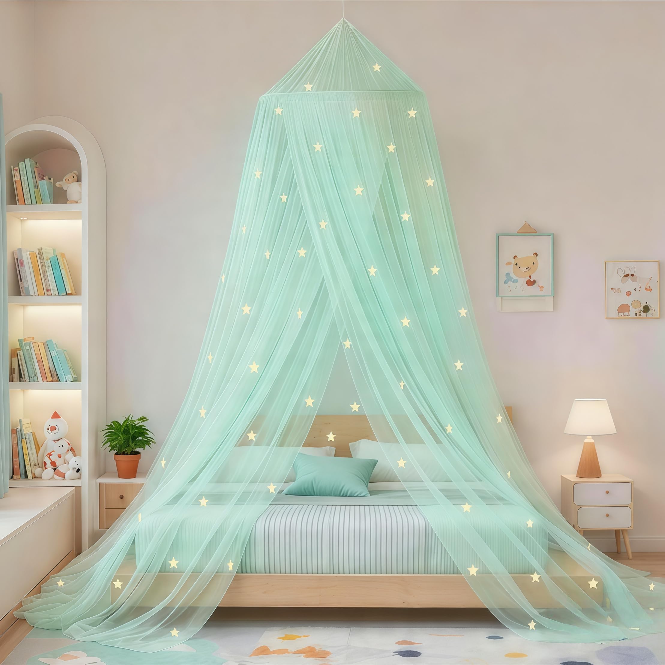 Eimilaly Stars Bed Canopy Glow in The Dark, Bed Canopy for Girls Mosquito Net, Princess Canopy for Girls Bed Room Decor, Green — image 1