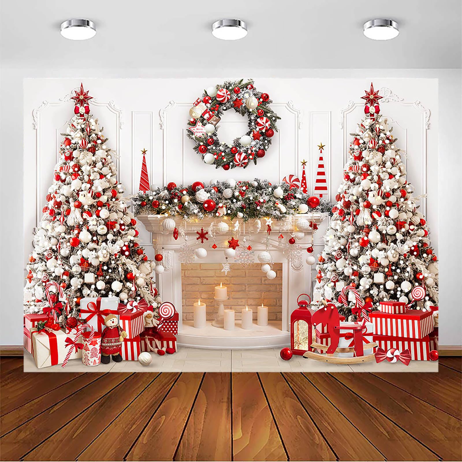 Avezano Christmas Backdrop - Red Xmas Tree Fireplace Winter Photo Background - Family Kids Party Decorations - Photo Booth Props (7x5ft)