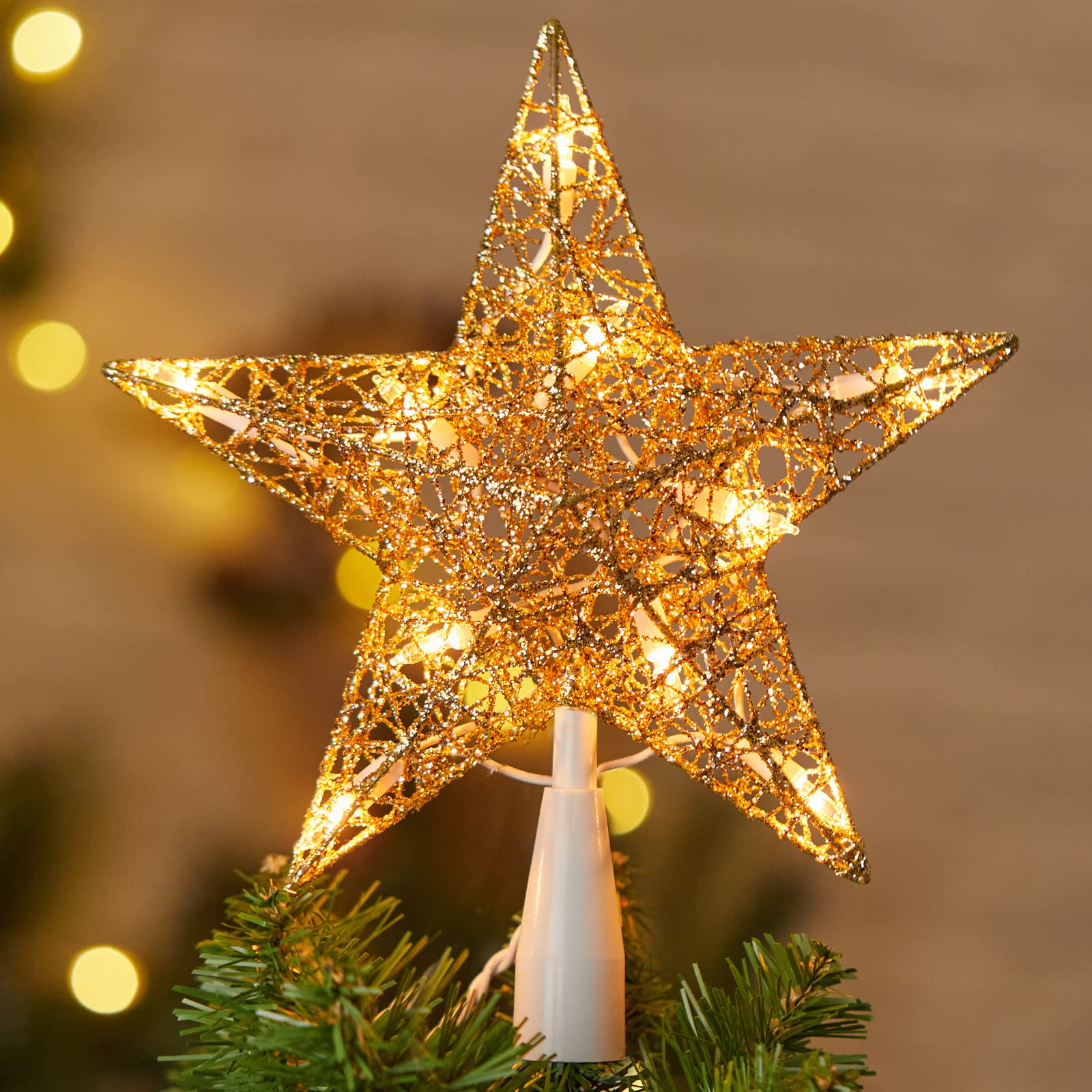 Christmas Star Tree Topper, Plug in Gold Glittered