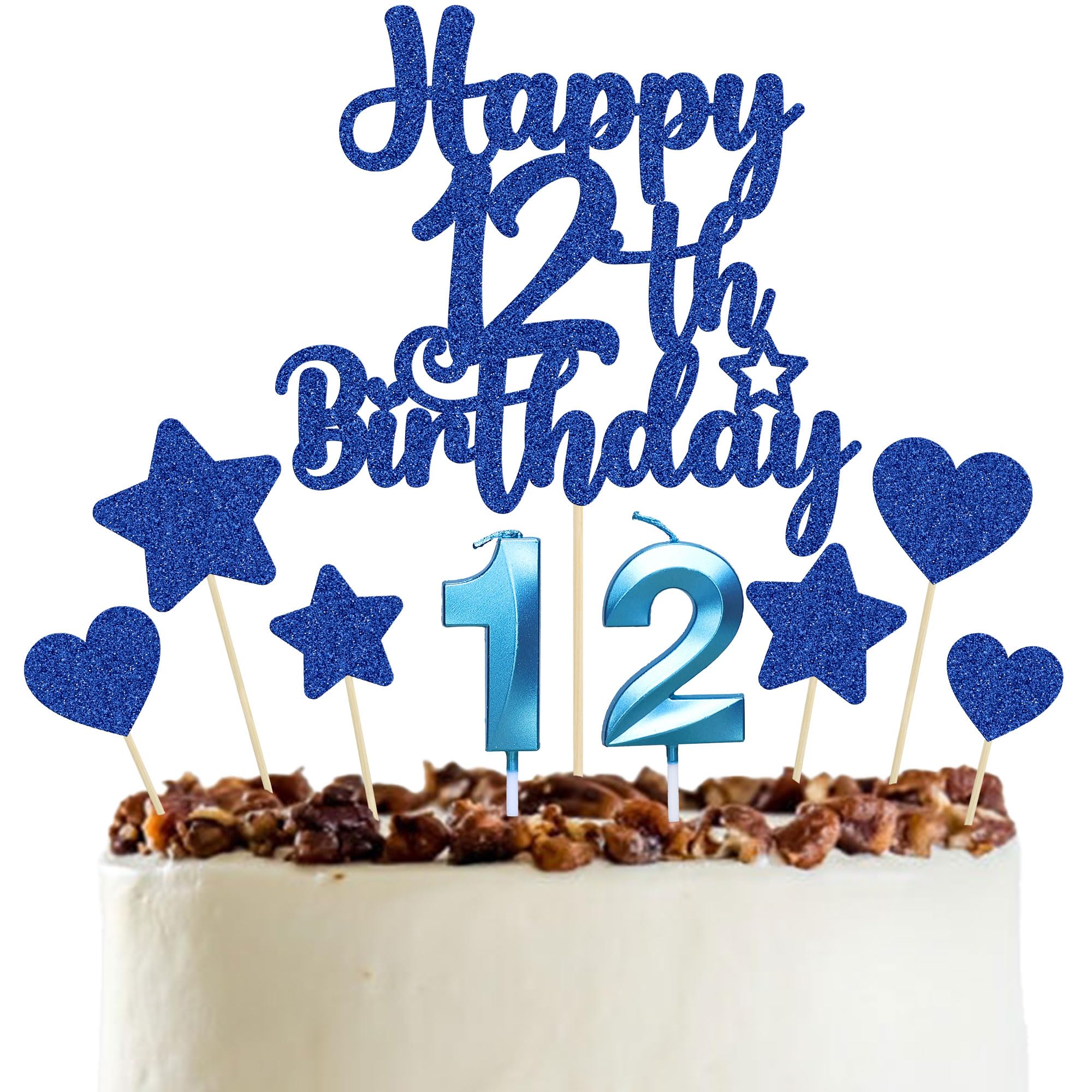 Gyufise 15Pcs Happy 12th Birthday Cake Topper Set Heart Star Glitter Cheers to 12 Years Cake Picks Number 12 Candles Cake Decorations for Happy 12th Birthday Anniversary Party Supplies Blue — image 1
