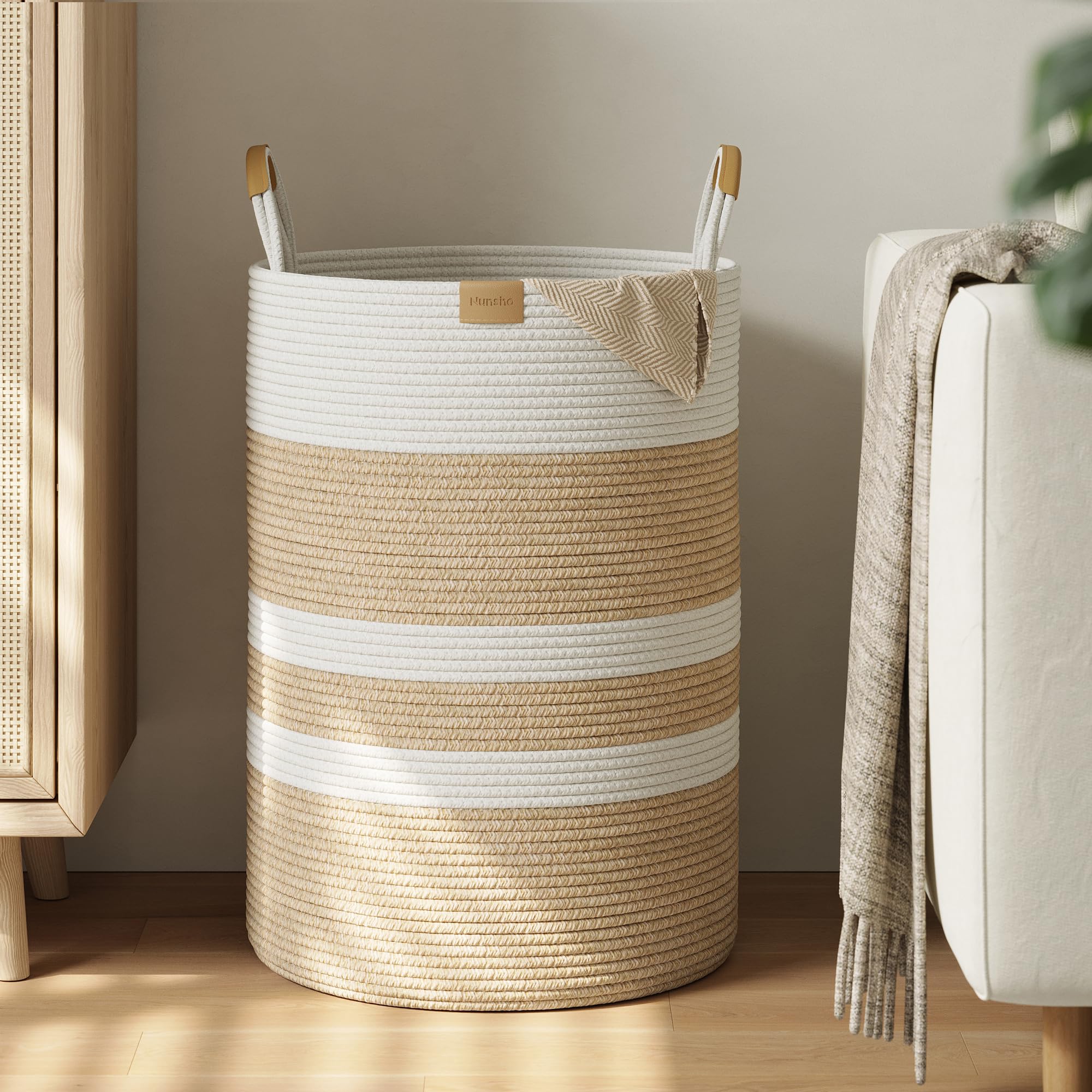 Photo 1 of Nunsino 95L Striped Laundry Hamper with Leather Handles,Large Foldable Laundry Basket for Clothes,Cotton Rope Storage Bin for Blankets,Woven Clothes Basket for Bedroom,Beige Stripes