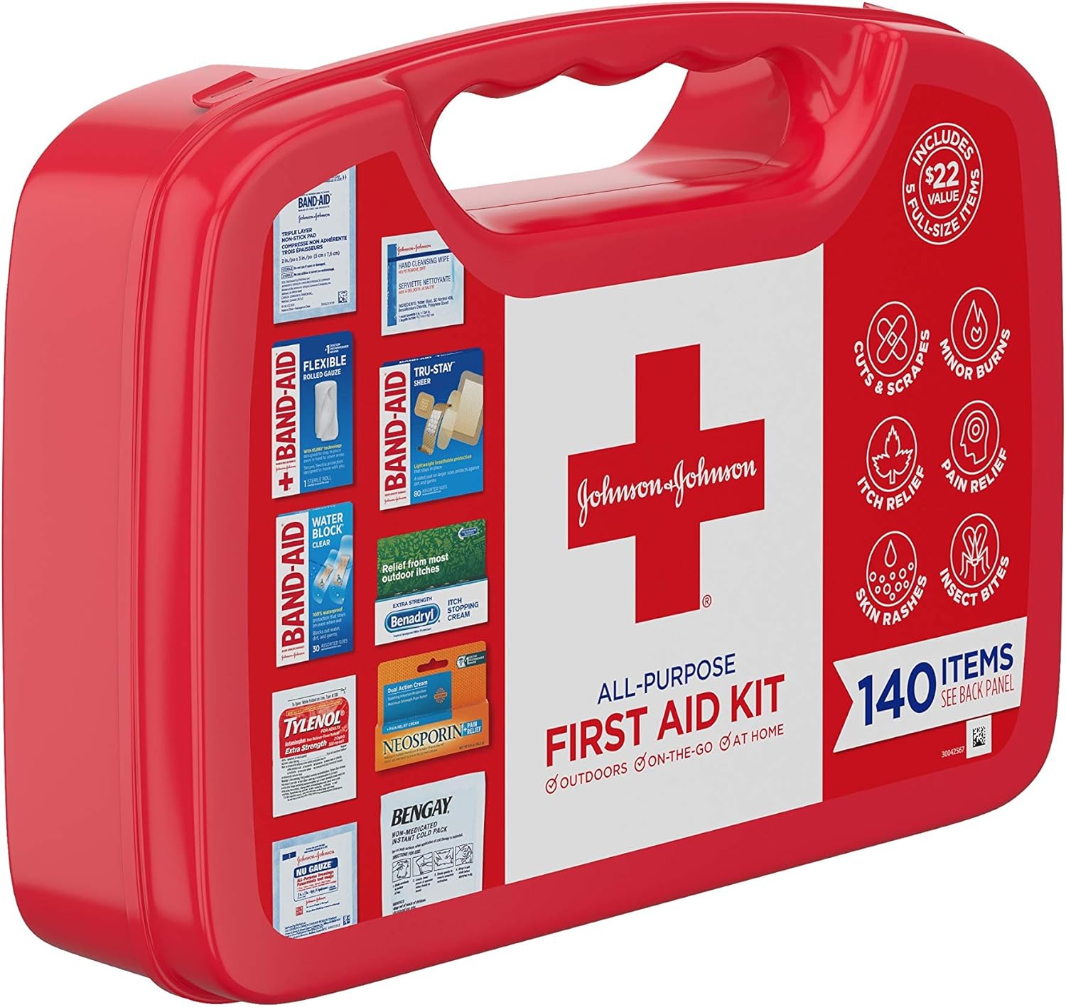 Johnson & Johnson All-Purpose First Aid Kit, Portable Compact First Aid Set for Minor Cuts, Scrapes, Sprains & Burns, Ideal for Home, Car, Travel and Outdoor Emergencies, 140 pieces: Health & Personal Care