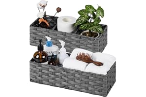 PATVINGOT Wicker Basket for Toilet Paper Storage, 2-Piece Bathroom Organizer Set for Shelves, Pantry & Home Decor, Space-Saving Rectangular,15.5×6.3×4.3 Inch(Gray)