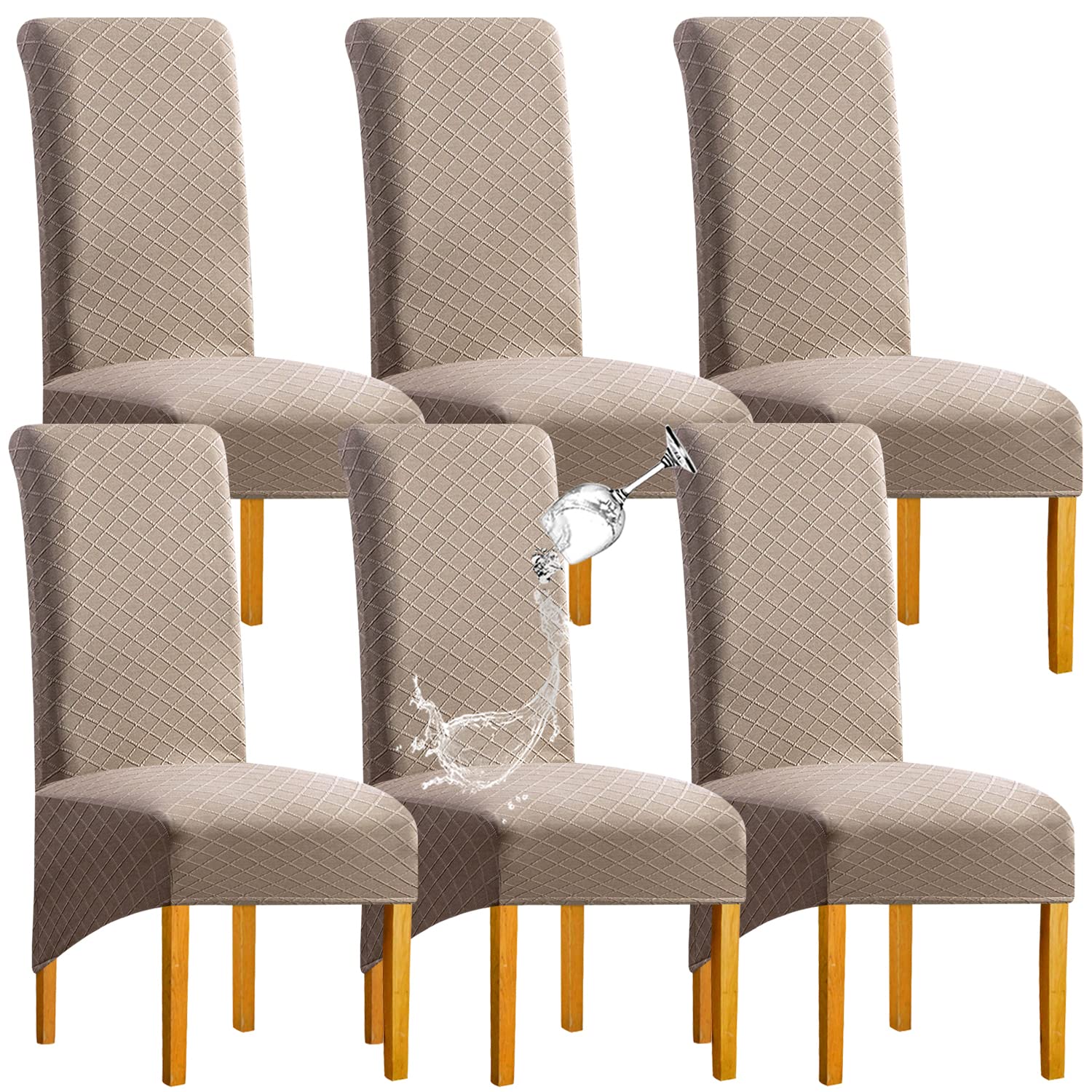 SHENGYIJING 1/2/4/6 PCS Diamond Lattice FStretch Waterproof XL Chair Covers for Dining Room, Spandex Large Dining Chair Slipcovers High Back Jacquard Dining Chair Covers (Khaki,Set of 6)