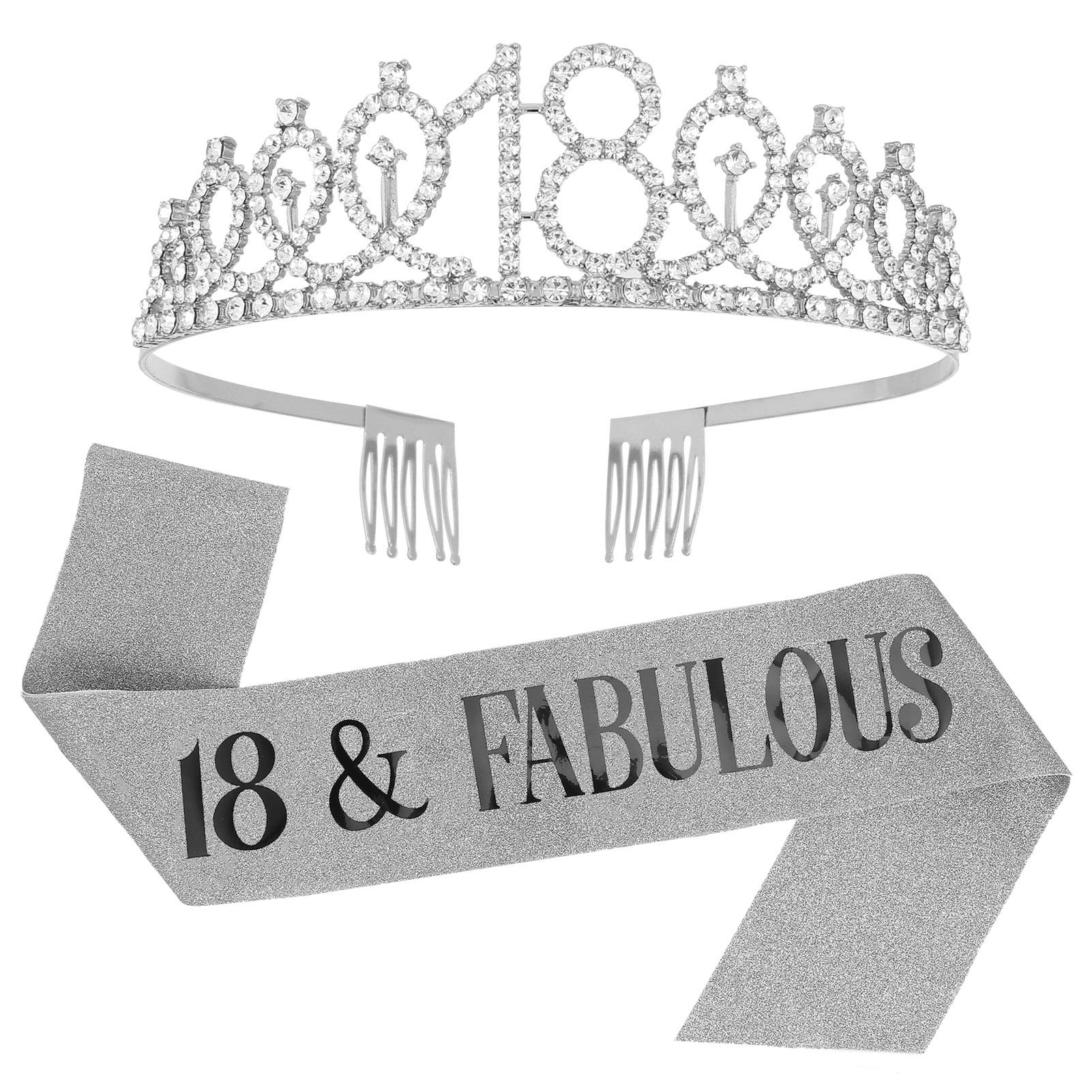 SUSSURRO "18 and Fabulous Sash and Rhinestone Tiara Set,18th Birthday Gifts Birthday Sash for Women Birthday Party Supplies( Silver)