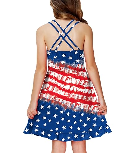 Girls Patriotic Red White & Blue Tie Dye Sundress Sunburst USA Dress XL Plus: Clothing, Shoes & Jewelry