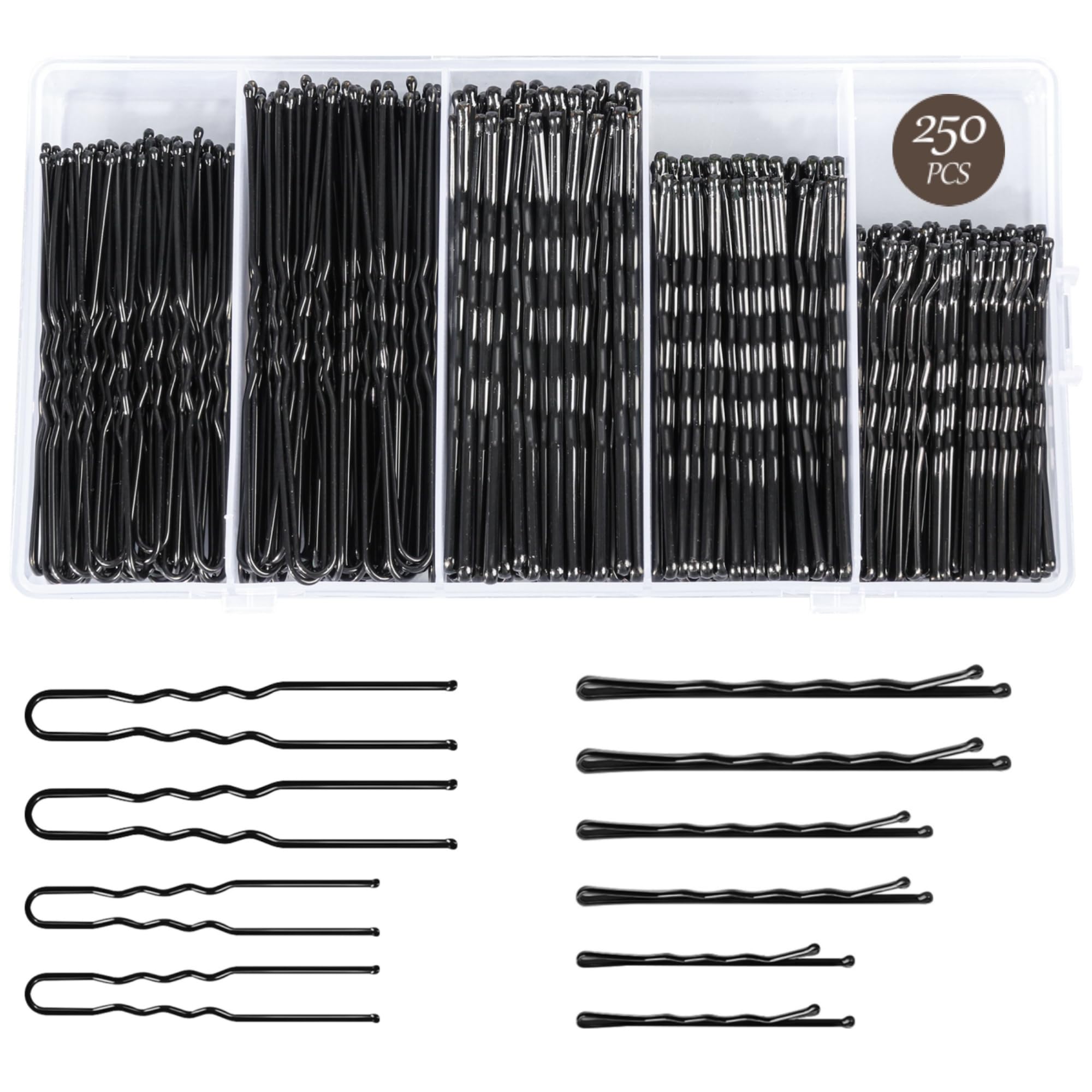 Photo 1 of 250PCS Hair Pins Bobby Pin Set, Assorted Sizes Wave Bobby Pins 2inch 2.36inch 2.75inch for All Hair Types + 2 Sizes U Shaped Hair Pins for Buns 2.36inch 2.75inch, Black for Girls Women