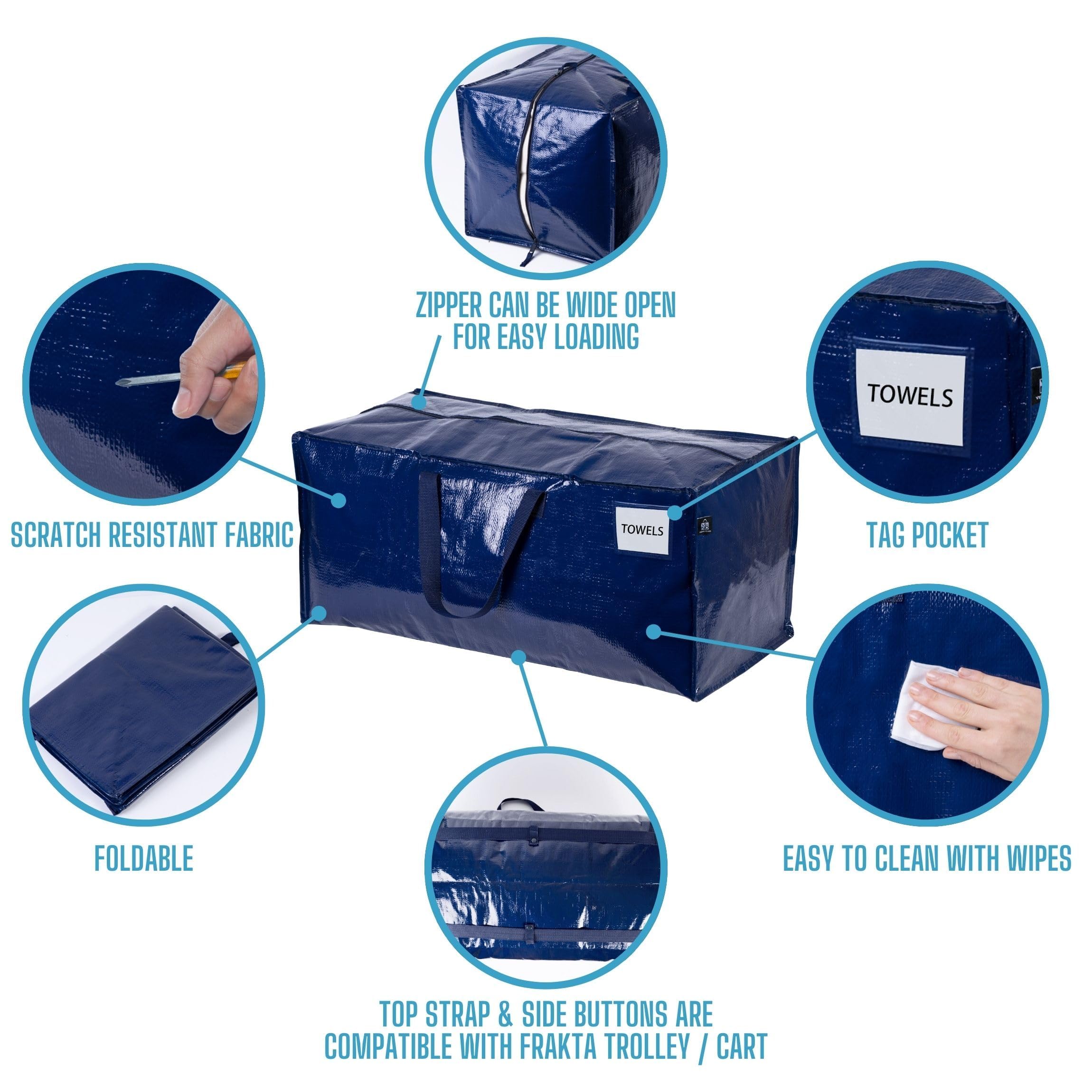 VENO 6 Pack Moving Bags w/Backpack Straps, Heavy Duty, Moving Boxes Alternative, Packing Supplies, Large Storage Totes for Dorm Room Essentials with Zipper for Clothes (Blue, 6 Pack)