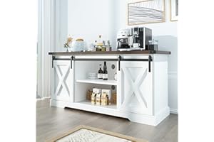 Squireewo Farmhouse Sideboard with Sliding Barn Doors, Rustic Coffee Bar Cabinet with Storage and Adjustable Shelves, Cupboard Table for Kitchen Dining Room Living Room, White