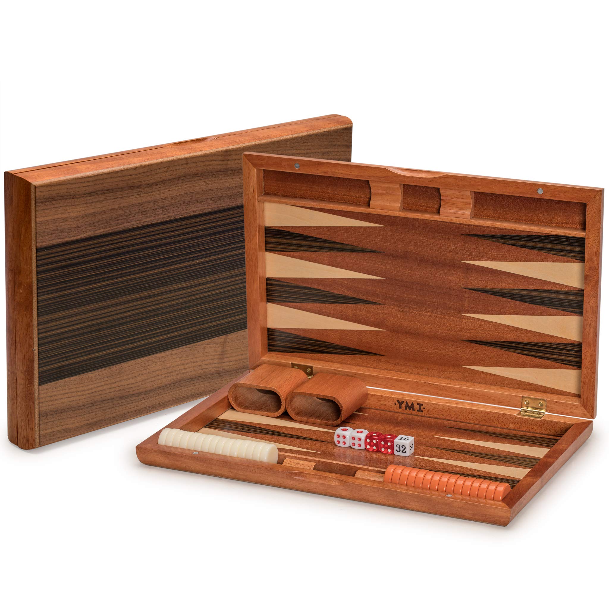 Photo 1 of Yellow Mountain Imports Wooden Inlaid Backgammon Game Set, Pasadena - Classic Strategy Board Game Set with Acrylic Playing Pieces & Wooden Dice Cups, 15-inch Board