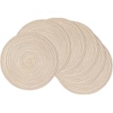SHACOS 15 inch Round Placemats Set of 6, Cotton Polyester Woven Braided Place Mats, Washable Heat Resistant Circle Table Mats for Dining Table (Beige, 6)