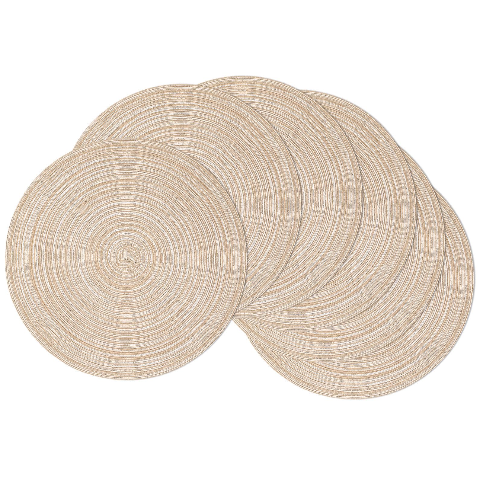 Photo 1 of SHACOS 15 inch Round Braided Placemats Set of 6 Non Slip Heat Resistant Cotton Polyester Table Mats Washable Place Mats for Kitchen Dining Party Table Decor (Beige, 6)