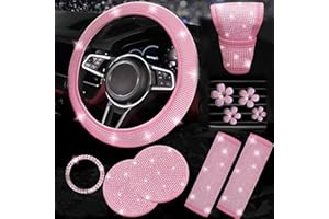 Car Accessories Set for Women, 11 Pieces Bling Interior Decor Kit, Sparkly Steering Wheel Cover, Rhinestone Seat Belt Covers,