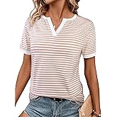 LilyCoco Women's Striped Shirt Short Sleeve Color Block Tops Notched Neck Summer Tee