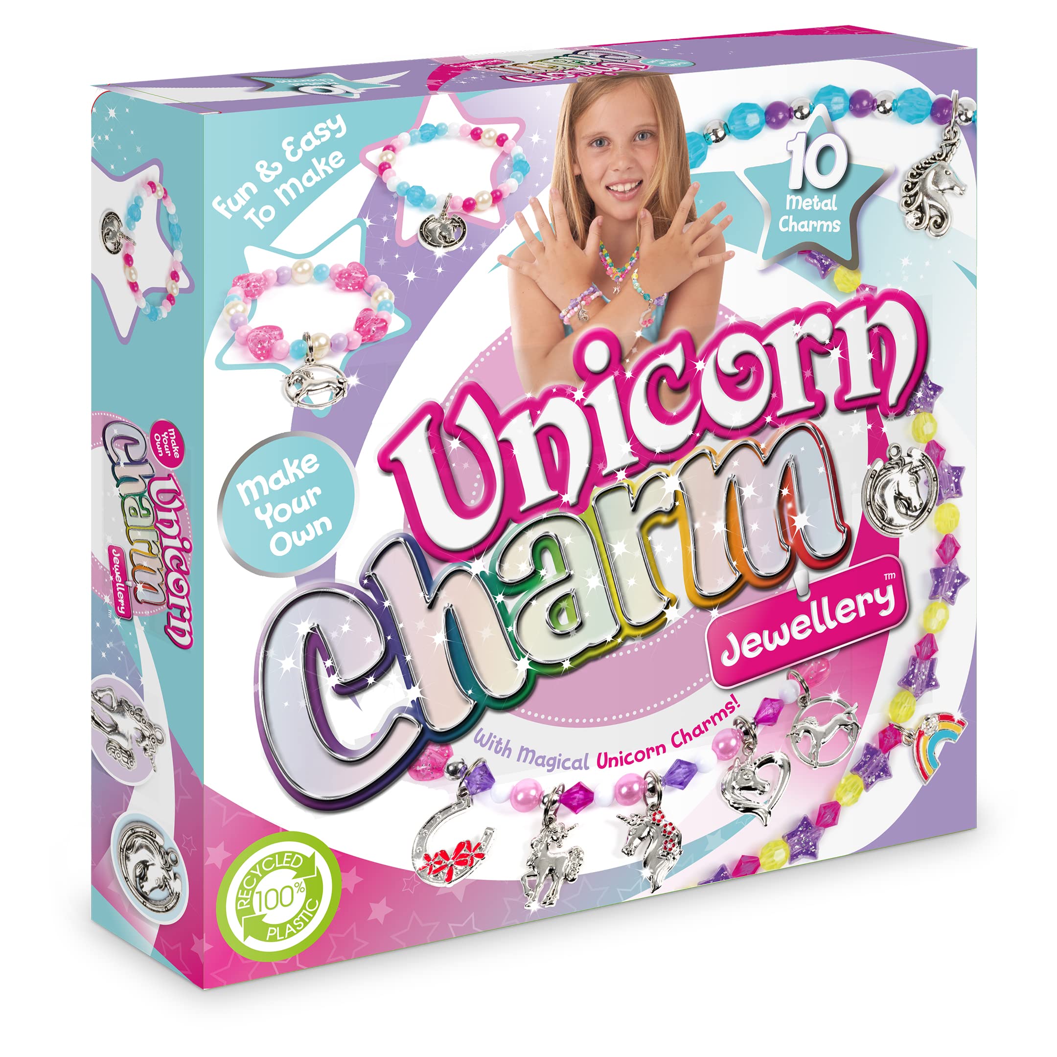 Unicorn Charm Jewellery | Create Beautiful Bracelets & Necklaces | Includes 10 Metal Charms And Over 300 Beads| Made With 100% Recycled Plastic | For Ages 4+