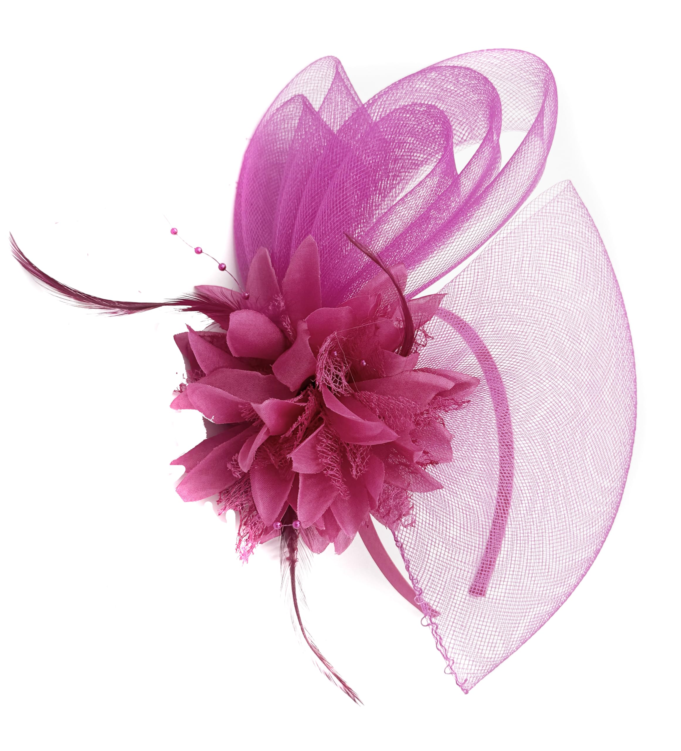 Caprilite Hot Pink Fuchsia Fascinator Headband Flower Wedding Ascot Races Net Hat Feathers
