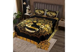 Erosebridal Girls Bee Coverlet Queen Size Hippie Mandala Bedspread Set for Women Flowers Blossoms Quilt Set Wild Animal Bed Sets Botanical Theme Bedroom Set with 2 Pillow Shams, Black Gold