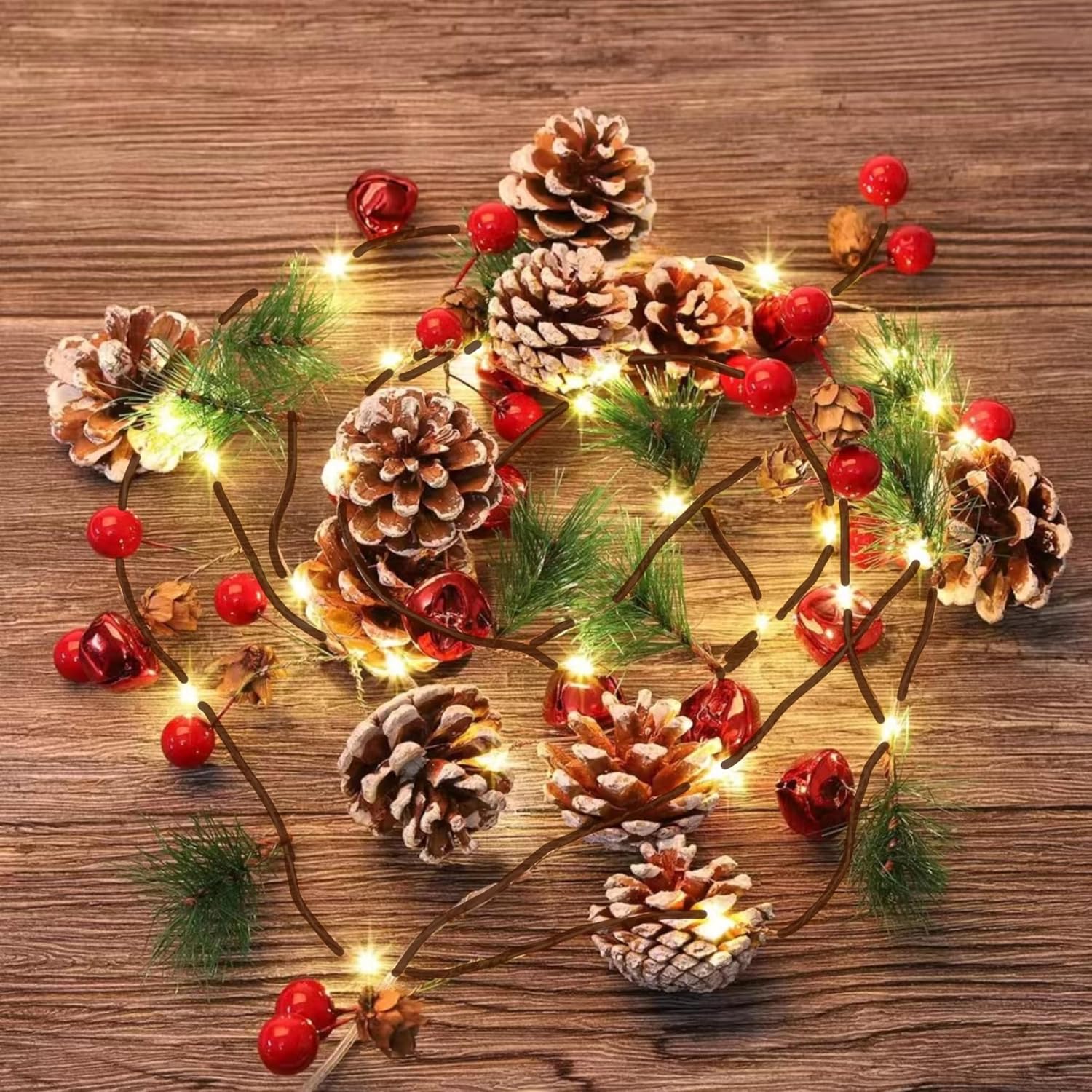 Wreaths, Garlands & Swags - TW SHINE 2 Pack Christmas Pine Cone String Lights, 6.5 FT 20 LED Battery Operated Red Berry Pine Cone Garland, Christmas Fairy String Lights for Indoor Outdoor Xmas Fireplace Decorations