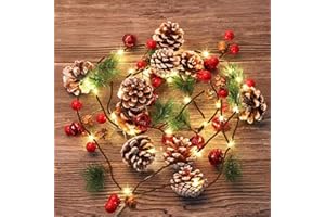 TW SHINE 2 Pack Christmas Pine Cone String Lights, 13 FT 40 LED Total Prelit Battery Operated Garland with Red Berry for Indoor Outdoor Xmas Fireplace Decorations
