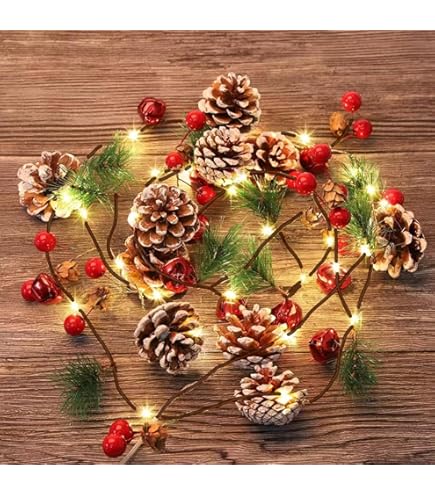 Luces De Piña De Navidad De 7 Pies, 20 LED, Funciona Con Pilas, Bayas Rojas Con Piñas De Pino, Luces De Guirnalda De Luces Para Interiores Y Exteriores, Decoraciones De Acción